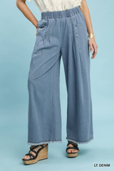 Light Denim Front Pleated Wide Leg Pant