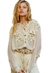 Off White Open Weaved Jacket with Floral Print Detailing