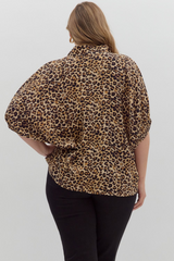 Curvy Leopard Print High Neck Elastic Sleeve Dolman Top