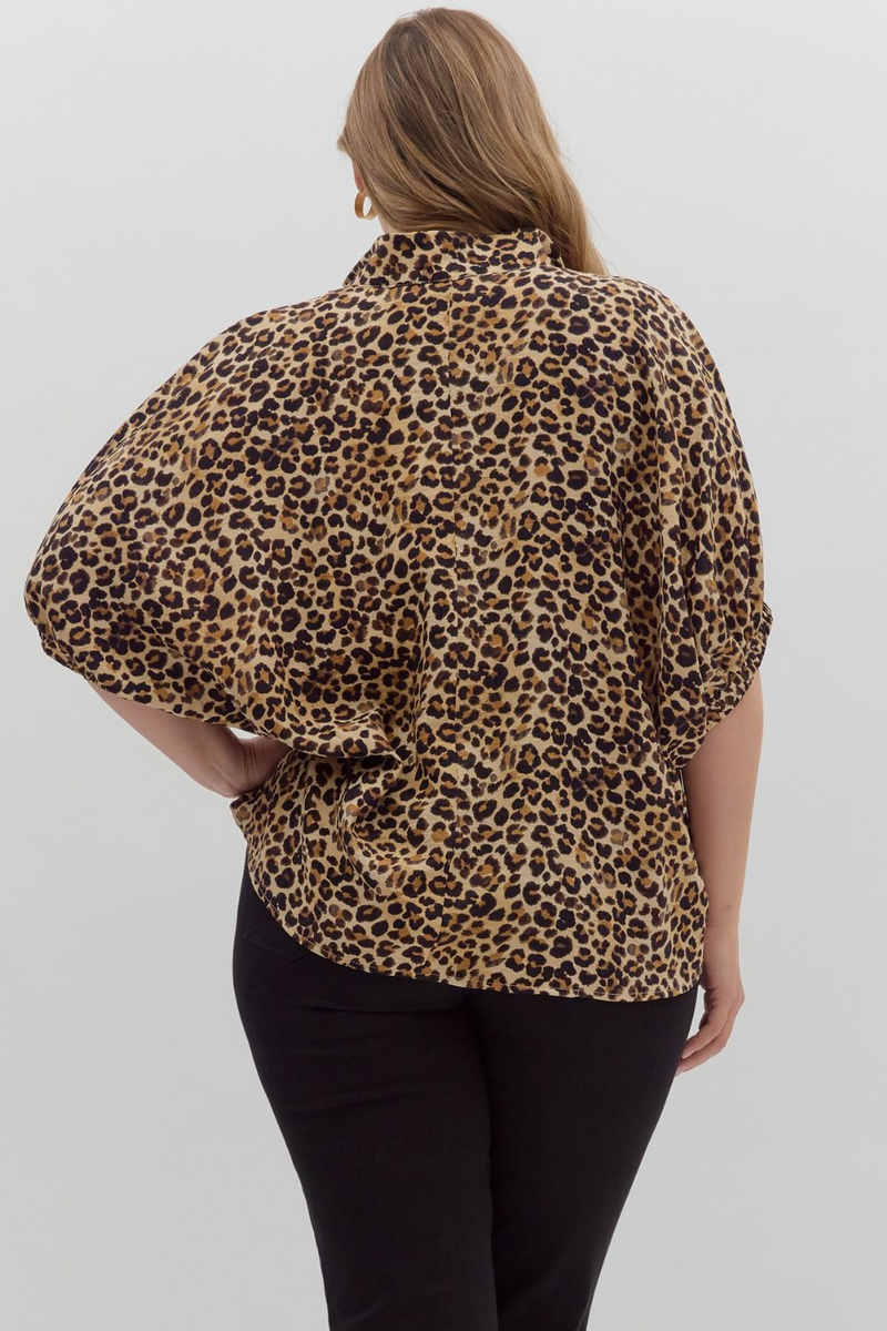 Curvy Leopard Print High Neck Elastic Sleeve Dolman Top