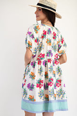 Cream and Blue Floral and Stripe Printed Dress