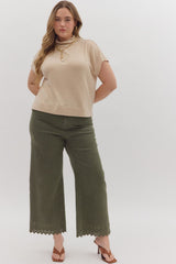 Curvy Olive High Waist Crop W/ Floral Embroidered Hem