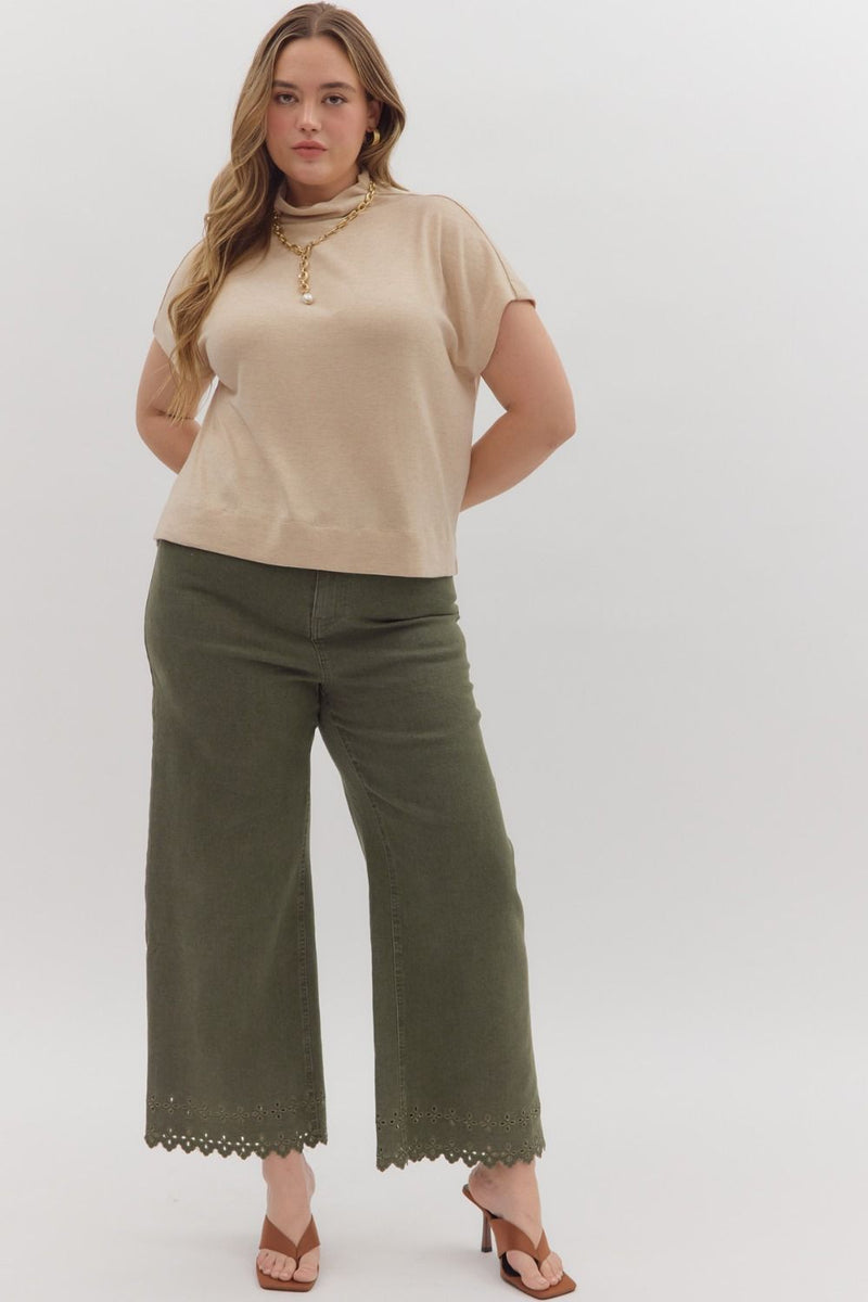 Curvy Olive High Waist Crop W/ Floral Embroidered Hem