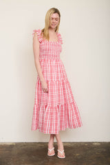 Plaid Smocked Ruffle Strap Midi Dress