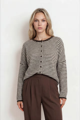 Stripe Raw Edge Drop Shoulder  Knit Cardigan