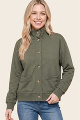 Olive Button Down Rib Band Mock Neck Jacket