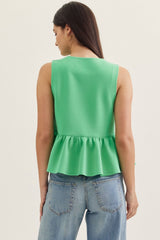 Green Peplum Sleeveless Top With Buttons