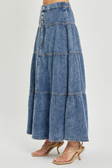 Denim High Rise Ruffle Long Skirt
