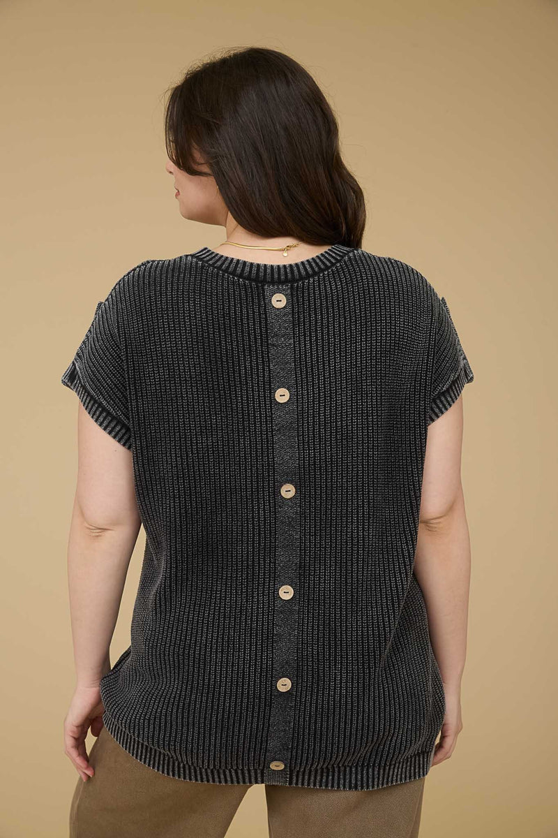 Curvy Washed Knit Short Sleeve Pullover Sweater
