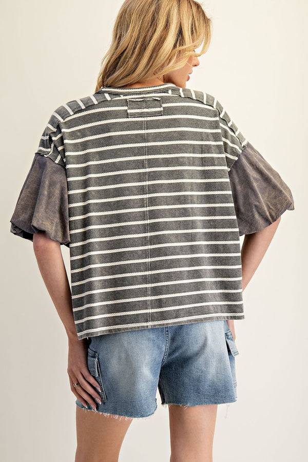 Charcoal Striped Puff Sleeve Top