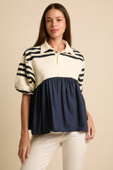 Navy Short Puff Sleeve Top