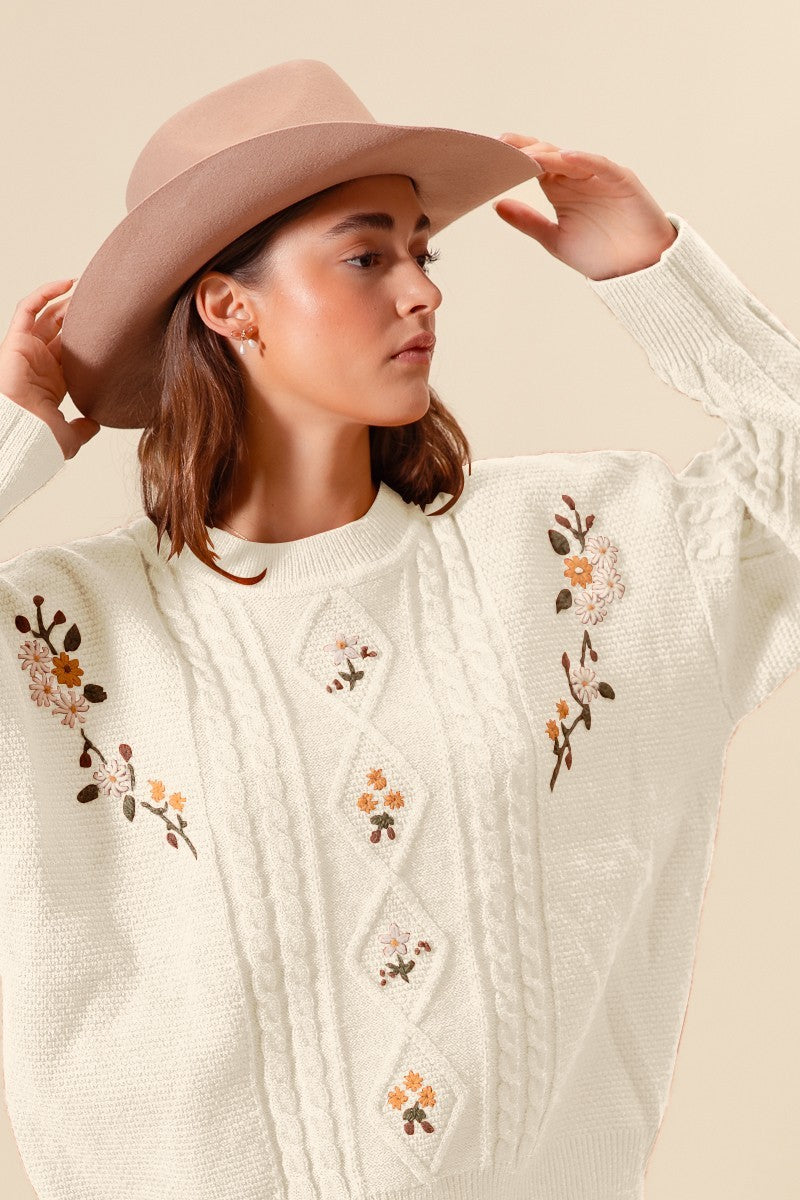 Ivory Embroidered Flower Cable Knit Sweater