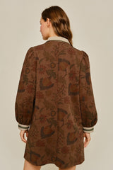 Brown Floral Long Puff Sleeve V Neck Dress