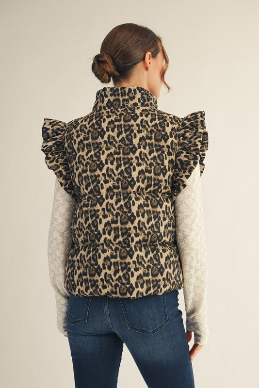 Leopard Ruffle Zip Up Vest With Pockets