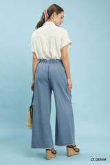 Light Denim Front Pleated Wide Leg Pant
