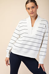 White and Black Striped Modal Scuba V-Neck Top