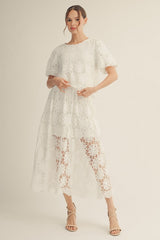 White Elastic Waist Scalloped Lace Skirt