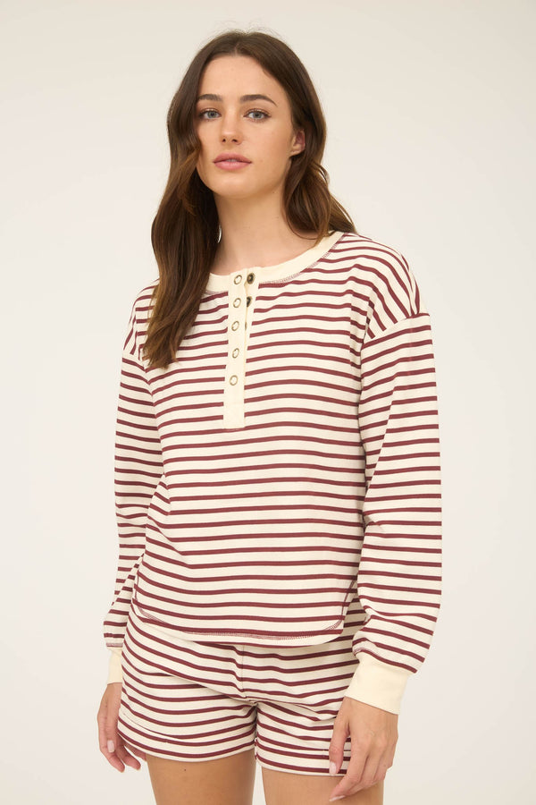 Stripe Henley Snap Button Long Sleeve Top