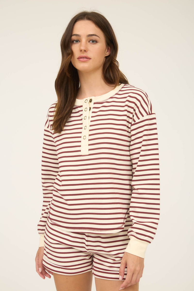 Stripe Henley Snap Button Long Sleeve Top