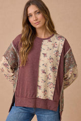 Mixed Fabric Floral Waffle Knit Top