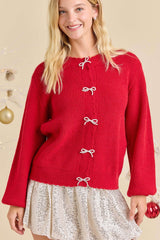 Red Round Neck Cardigan With Pearl Bow Buttons