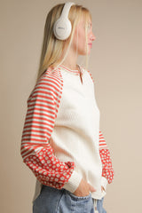 Cream and Rust Oversized Striped Floral Pullover