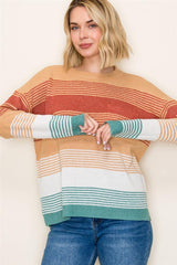 Multi Color Stripe Blocked LS Crew Neck Sweater