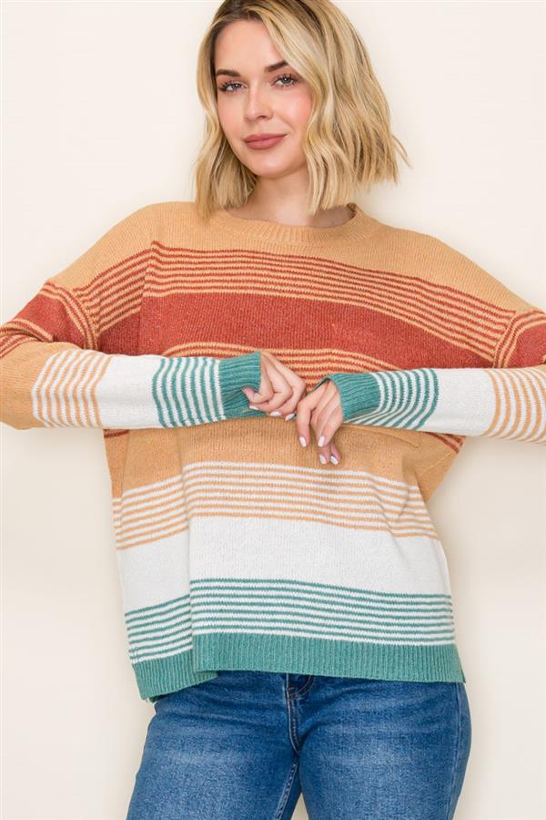 Multi Color Stripe Blocked LS Crew Neck Sweater