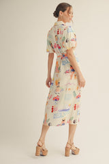 Ivory Button Down Summer Beach Print Dress