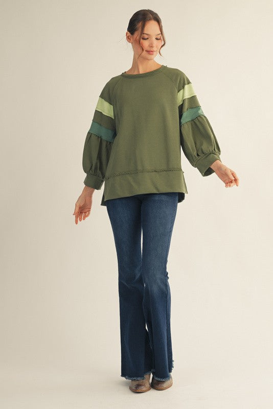 Olive Balloon Colorblock Sleeve Top