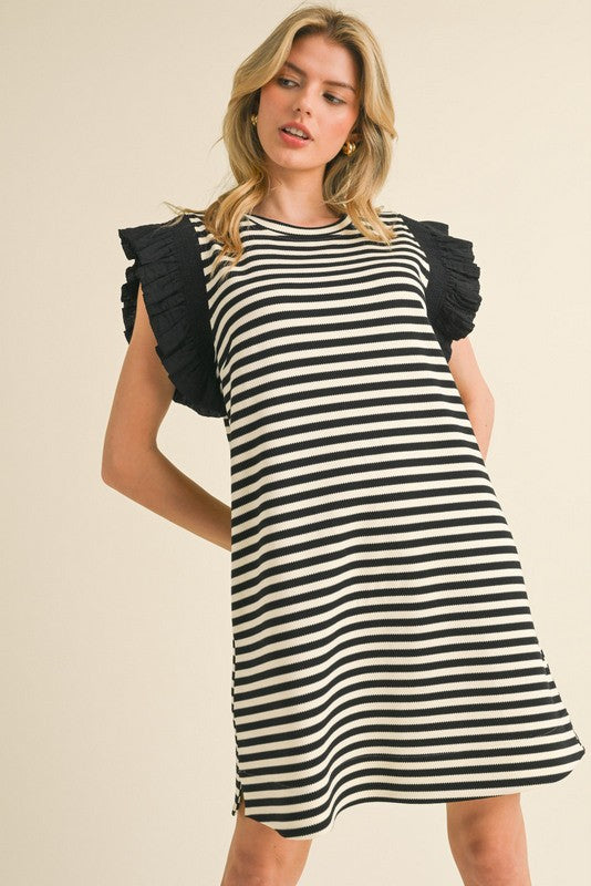 Black and White Stripe Dress with Black Ruffle Shoulder