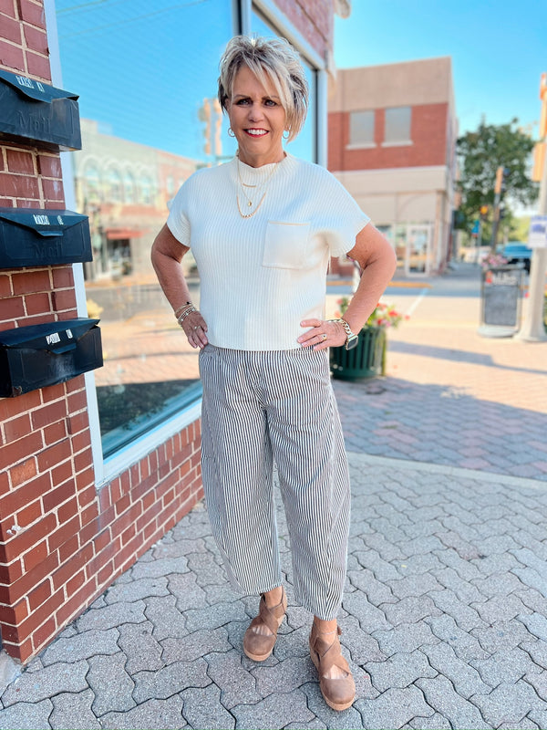 Cream Ribbed Mock Neck Cap Sleeve Top