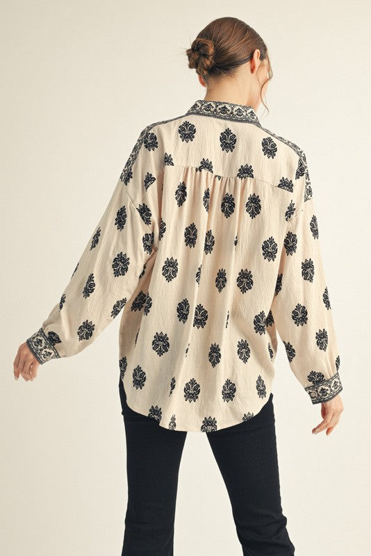 Cream Patterned Button Down Print Top