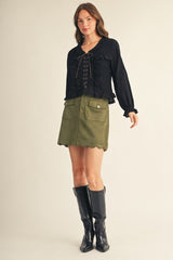 Olive Scallop Hem Faux Suede Skirt