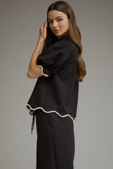 Black Scallop Trim Sleeves and Hem Top