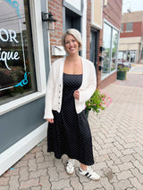 Black Polkadot Satin Cami Midi Dress