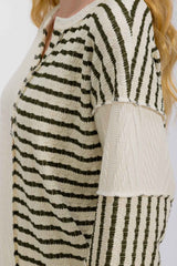 Olive Stripe and Cable Knit Contrast Exposed Seam Top