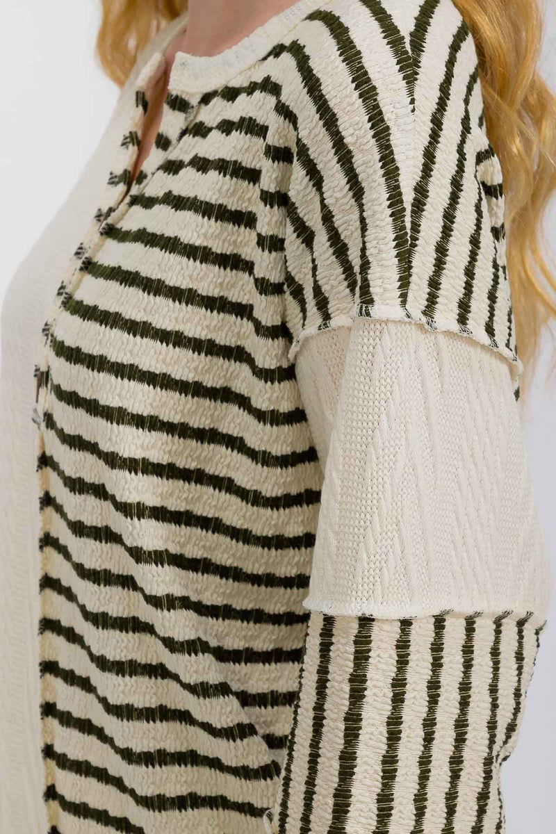 Olive Stripe and Cable Knit Contrast Exposed Seam Top