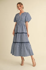 Navy Geometric Print Tiered Midi Dress