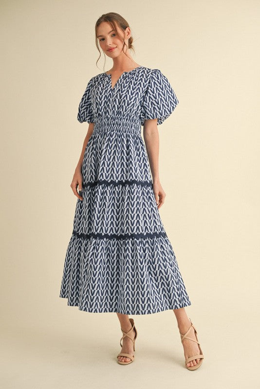 Navy Geometric Print Tiered Midi Dress