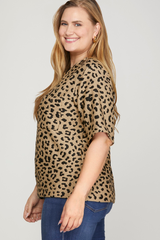 Curvy Half Sleeve Textured Knit Leopard Print Top