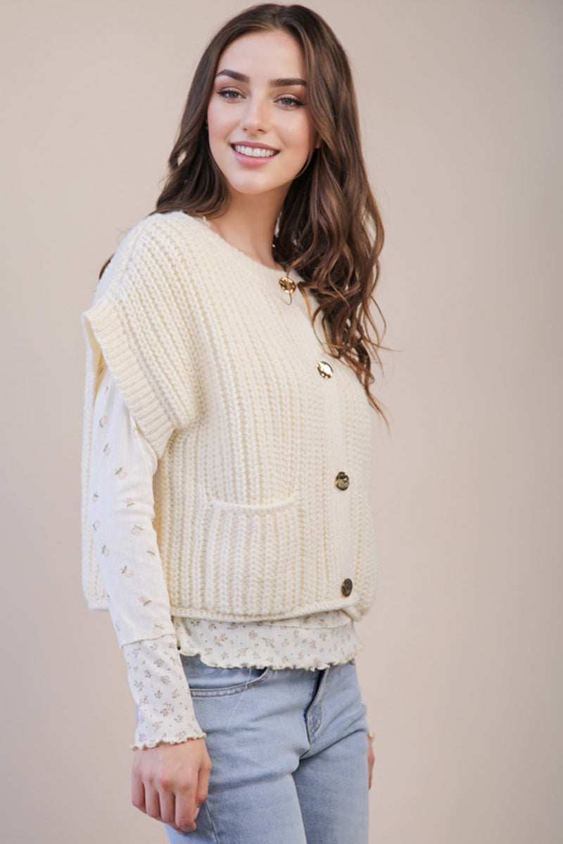 Cream Knit Sweater Top With Short Sleeves