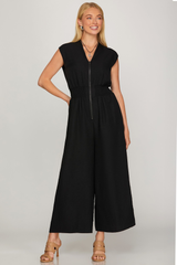 Black Smocked Waist Zip Front Jumpsuit