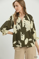 Olive Floral V- Neck Stand Collar Top