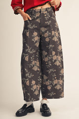 Brown Floral Wide Leg Barrel Pants