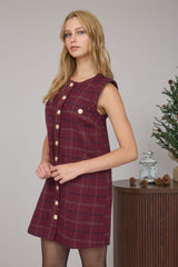 Plaid Tweed Button Down Sleeveless Dress
