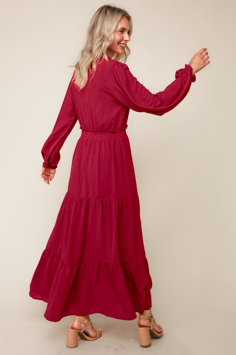 Frilled Smocked Waist Long Sleeve Midi Dress