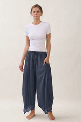 Crinkled Wide Leg Lace Trim Pants