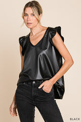 Faux Leather V Neck Ruffle Top