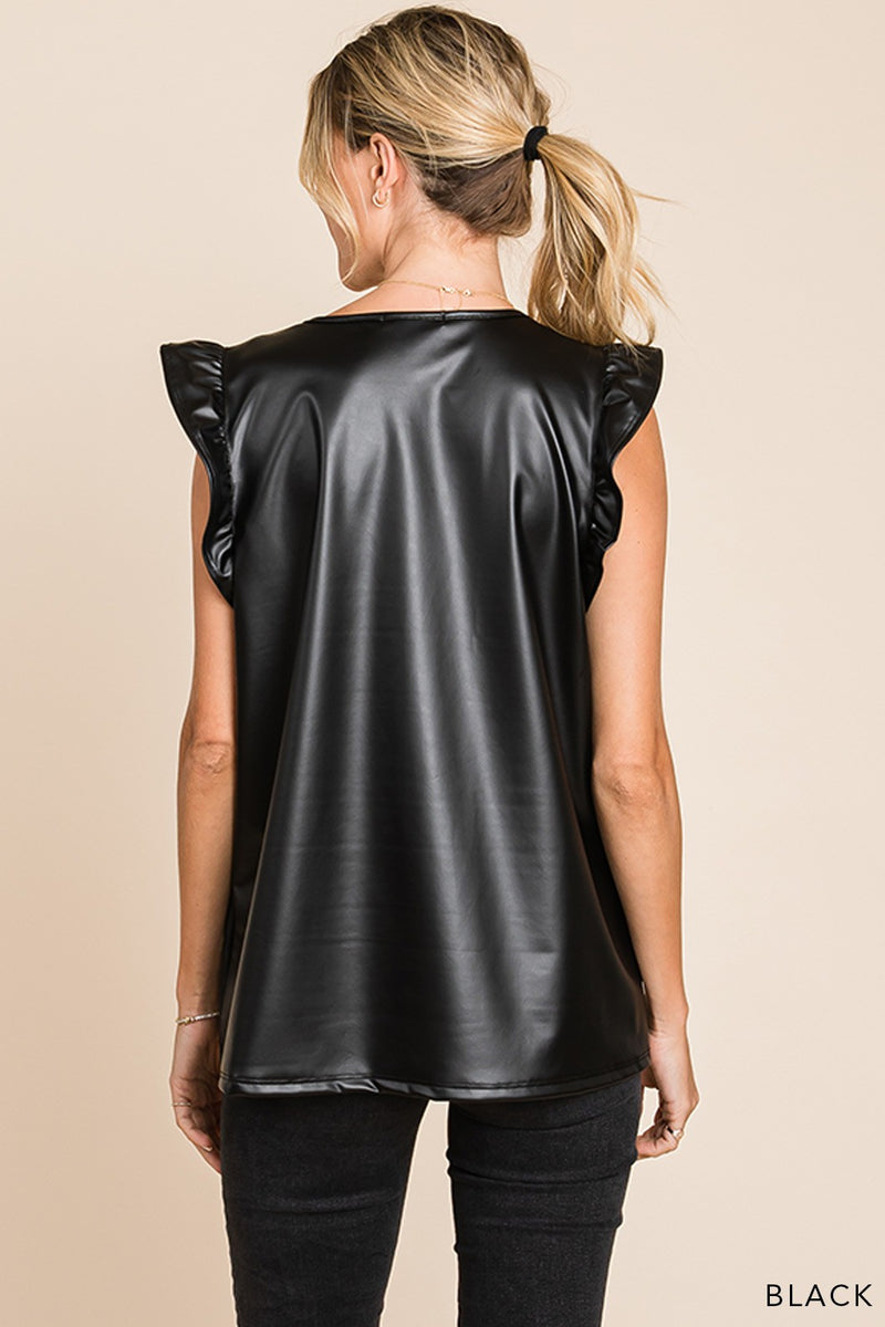 Faux Leather V Neck Ruffle Top